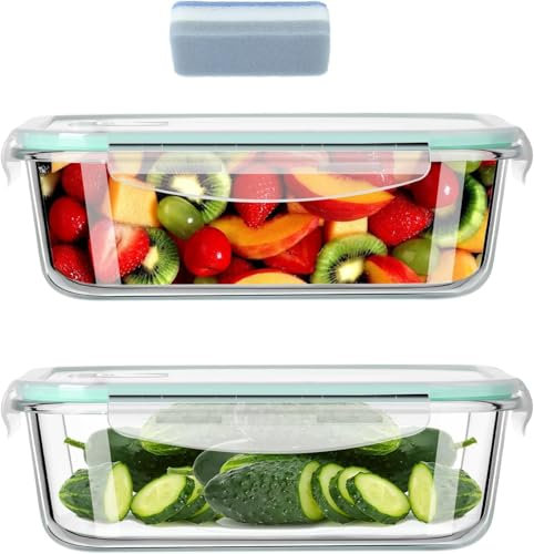 Hcrvvi Food Containers, Leakproof Glass Containers With Lids, Meal Prep Containers Reusable 2 Pieces 640ml Capacity Microwave, Freezers & Dishwashers Safe