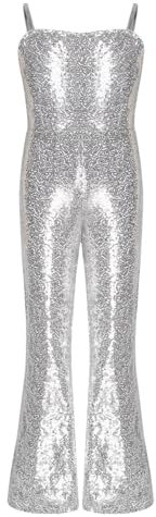 dPois Mädchen Glänzend Gymnastikanzug Einteiler Body Jumpsuit Pailletten Overall Lang Turnazug Trikot Ärmellos Glitzer Tanz Turnen Bühne Kostüm A Silber 146-152
