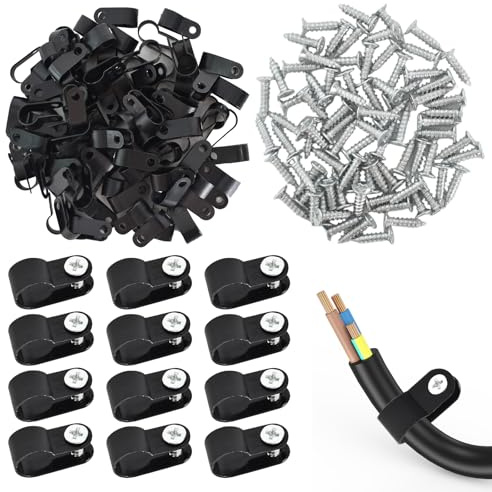100 Stück Kabelklemmen R Typ, Nylon Kabelschellen 3/8 Zoll, Kabel Clips Schwarz 10,4 mm Schraubbefestigung, Drahtmanagement Kabelclips Organizer mit Schrauben