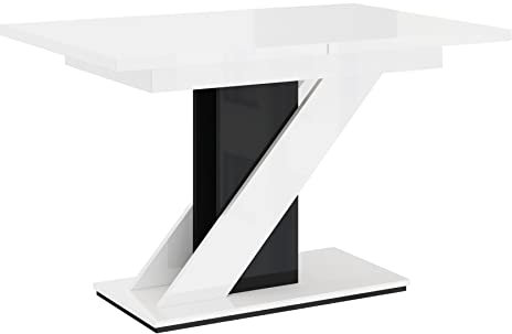 PROROOM FURNITURE - Mavea Table - Esstisch - Rechteckig - 120x80x75 cm - Ausziehbar auf 160 cm - Säulentisch - mit Z-Gestell - Modern - für Esszimmer, Küche, Wohnzimmer, Salon - Weiß & Schwarz Glanz