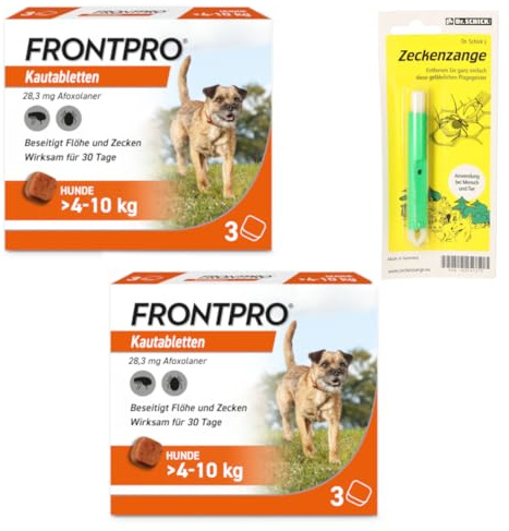 FRONTPRO Kautabletten für Hunde 4-10 kg 6-Monats-Set zum Schutz gegen Zecken und Flöhe mit Zeckenzange: Schützt bis zu 6 Monate