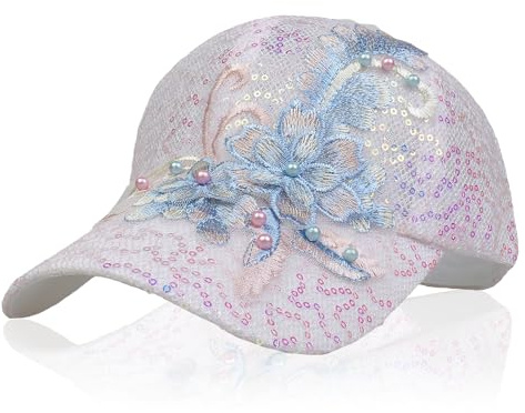 NiceYnn Charm Lace Mesh Baseball Cap Bling Sequin Flower Breathable Sun Hat