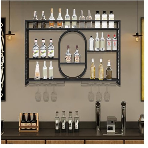 Industriell Wandmontierte Weinregal Mit LED-Leuchten,Weinregal Wand,Wandmontierte Weinregale,Flaschenregal,Bar Regal Wand,Weinglashalter,Flaschenhalter,Für Küche Esszimmer Weinkeller(Black,140x80cm/55