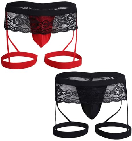 VemeFufu Hombre Tanga Sexy Encaje para Hombres Cordel Slip Jockstrap Soporte Lencería Tanga Bikini Sissy Ropa interior Masculina Transpirable Atlética Bragas, 2 piezas negro y rojo, Talla única