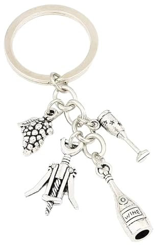 Porte-clés vin – Accessoire élégant avec mini bouteille, tire-bouchon, verre et grappe – Cadeau original pour amateur de vin, métal argenté