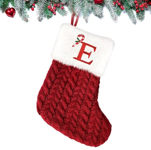 Calcetines Navidad Chimenea Personalizado con la Letra Botas de Navidad con la Letra para Colgar Monograma Calcetines Navideños Papá Noel Christmas Stocking Idea Regalo para Decoración Navideña (E)