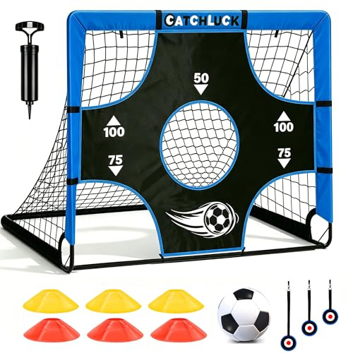 CATCHLUCK fotbollsmål för barn fotbollsnät pop up mål trädgård vikbara målinlägg målnät träningsutrustning med bärväska (Blå)