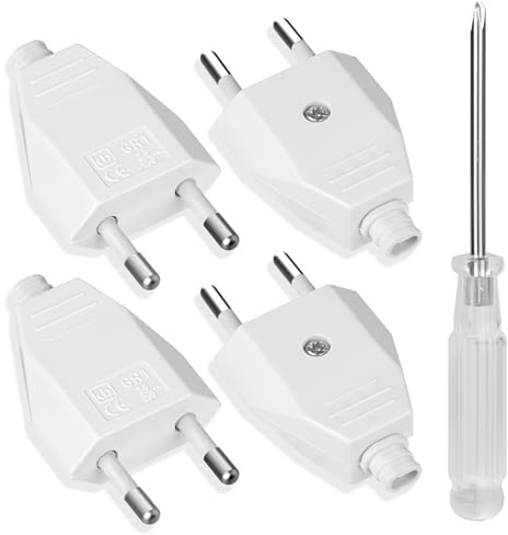 AXFEE 4 Stück Eurostecker, 250V 2.5A Euro Stromstecker, Flachstecker(Weiß) | Eurostecker Flach, Schutzkontakt Stecker, Flach Stromstecker, euro-stecker für 8-10mm Kabel, IP44, Langlebig＆Bruchfest