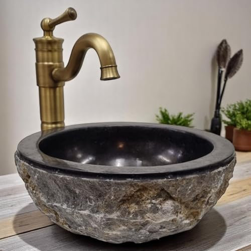 Naturstein Waschbecken Marmor - Aufsatz Waschschale in 2 Größen - Heller Marmor mit grob behauener Außenseite (Schwarz - Ø 30 cm)