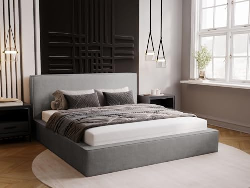 GRAINGOLD Monaco Bett 200x200, Polsterbett mit Bettkasten, Polsterbett mit Stauraum, Velour, mit Lattenrost, mit Kopfteil, ohne Matratze (Grau, 200x200)