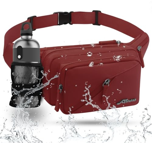 REETEE Bauchtasche Damen und Herren Wasserabweisende Gürteltasche mit Flaschenhalter, Mehrere Fächer Hüfttasche Sport für Reise Wandern Hundetraining Outdoor-Aktivitäten (Wein Rot)