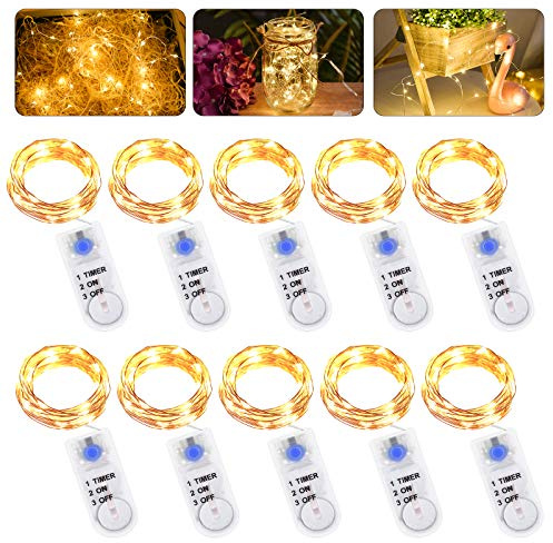 LED Lichterkette Batterie mit Timer, 10 Stück 2M 20LED Micro Batterie-betrieben Kupfer Drahtlichterkette Warmweiß Weihnachtsbeleuchtung für Zimmer, Innen, Weihnachten, Außen, Party, Hochzeit, DIY
