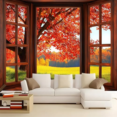 WHUOEUCO Papel Pintado 3D Hojas De Arce Fuera De La Ventana 200x140 cm Fotomurales Tejido No Tejido Papel Tapiz Grande Murales Fotográfico Moderno Decoración de Paredes