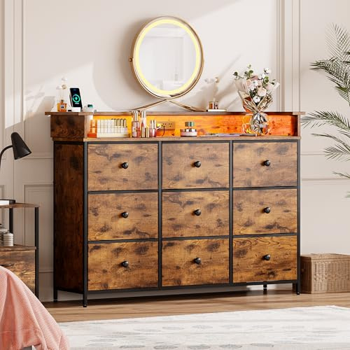 Nicehill Dresser with Led Lights,TV Stand for Bedroom with Charging Station,9 Drawer Fabric Storage Tower for Bedroom Hallway,Brown Dresser Chests of Drawers(Rustic Brown)