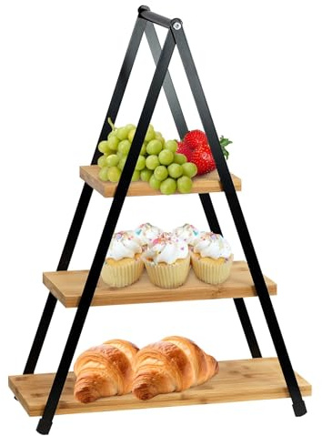 GEEZY 3 Tier Bamboo Serving Tray - Wooden Display Rack with Black Metal Frame, Tiered Cupcake Stand with Non Slip Feet & Carry Handle - Afternoon Tea Stands for Appetizers & Desserts 53x38x16cm
