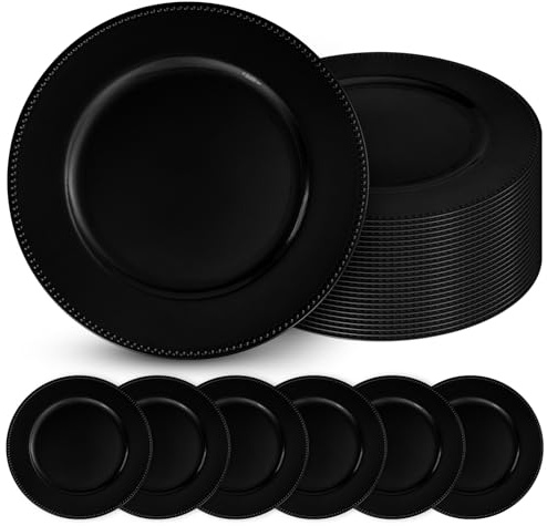 24 Pcs Black Charger Plates with Beaded 13 Inch Plastic Charger Plates for Dinner Plate, Black Chargers for Table Setting, Round Chargers Plate for Wedding Party Holiday Event Tabletop Decor