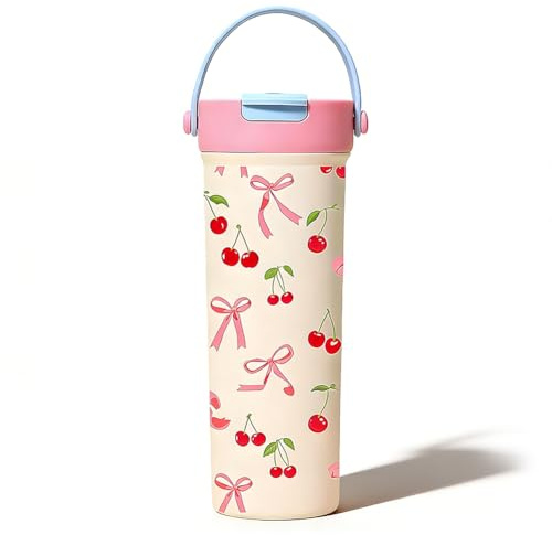 Pink Bow Cherry Stainless Steel Tumbler with Handle Straw and Lid 20oz Tumbler with Leak Proof 2-in-1 Lid, Reusable Double Walled Water Bottle, Portable Coffee Travel Mug for Women Girls (Cherry Bow)
