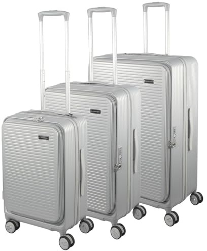 Laroqx Hartschalen-Kofferset 3-teilig mit Frontöffnung, Silber | Deutsches Polycarbonat-Hartschale, erweiterbar, 51/61/71 cm, TSA-Schloss und 360°-Doppelrollen für Kurz- und Langreisen