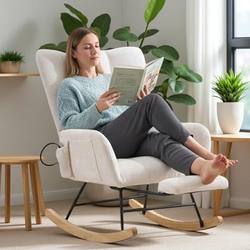 EBELLO Schaukelstuhl mit Fußstütze, Schaukelsessel mit Fußstütze, Teddystoff Gepolsterter Lesesessel Relaxstuhl Sessel mit Holzkufen mit Seitentasche Relaxstuhl für Wohnzimmer Wei