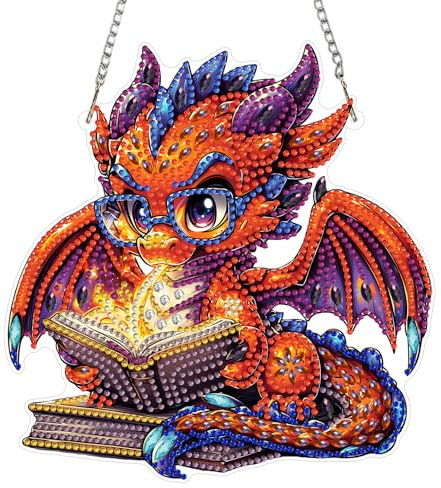 AIRDEA DIY Glasses Dragon Diamond Art Ornament Kit for Adults, Double-Sided Dragon Reading A Book Diamond Painting Hanging Kit, DIY Acrylic Special Shaped Drills Hanging Suncatcher