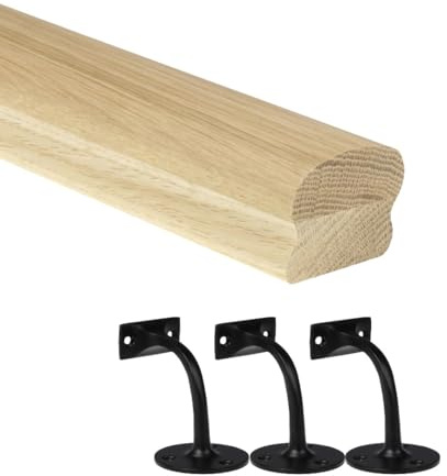Jackson Woodturners Oak Cottage Loaf Handrail Kit 66x45mm Engineered Oak with Black Wall Brackets – Various Lengths 1800mm 2400mm 3600mm 4200mm (1800mm + 3 Wall Brackets)