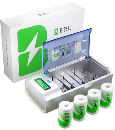 EBL Rechargeable D Batteries with Charger - LCD Universal Smart Battery Charger for C D AA AAA 9V Ni-MH Ni-CD Batteries With D Batteries (4 PACK)