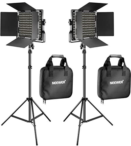 NEEWER 2 Pieces Bi-color 660 LED Video Light and Stand Kit Includes:(2)3200-5600K CRI 96+ Dimmable Light with U Bracket and Barndoor and (2)75 inches Light Stand for Studio Photography, Video Shooting