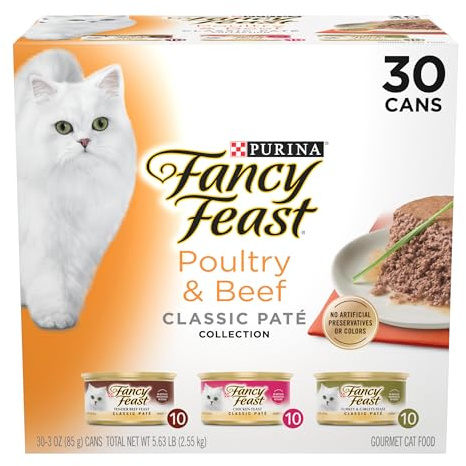 Fancy Feast Poultry and Beef Feast Classic Pate Collection Grain Free Wet Cat Food Variety Pack - (Pack of 30) 3 oz. Cans