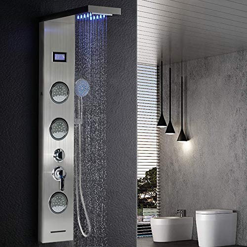 Panneau Colonne de Douche, avec 5 Modes D’eau/Écran de Température et Temps/Lumières LED / 2 Jets de Massage/Eau Froide et Chaude pour Salle de Bain, Hôtel, Gymnase (130 x 20 cm, Argent)