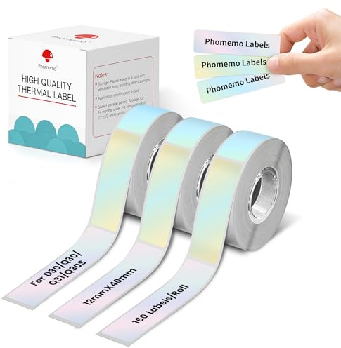Phomemo 3 Rollen Thermoetiketten selbstklebend 12x40mm kompatibel mit Phomemo D30 Drucker für Zuhause und Schule 160 Etiketten