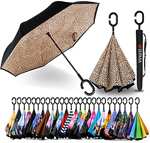 SIEPASA 49/56 Inch Inverted Reverse Upside Down Umbrella, Extra Large Double Canopy Vented Windproof Waterproof Stick Golf Umbrellas with C-shape Handle.(Leopard, 49 Inch)