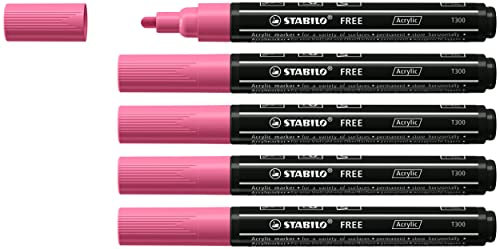 STABILO FREE Acrylic - Marker acrilico - T300 Punta rotonda 2-3mm - Confezione da 5 - Rosa