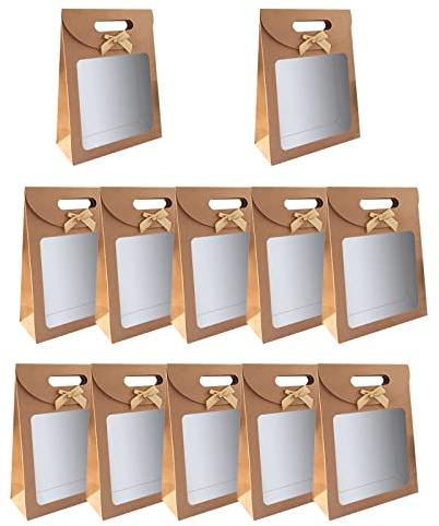 12 Stück Braune Papiertüten，Geschenktüte mit Griff，Geschenktüte mit Fenster, zum Verpacken von Bankett Geschenken, Süßigkeiten, Keksen