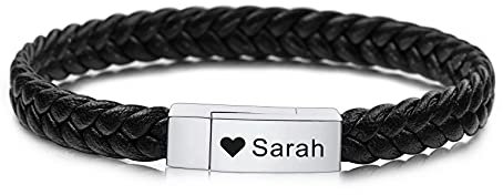 MunkiMix Benutzerdefiniert Armbänder Echtes Leder Geflochtener Edelstahl Magnetverschluss Gravur Armreif für Paare Freund Geschenke für Sie und Ihn (Silberverschluss Schwarzer Gürtel)