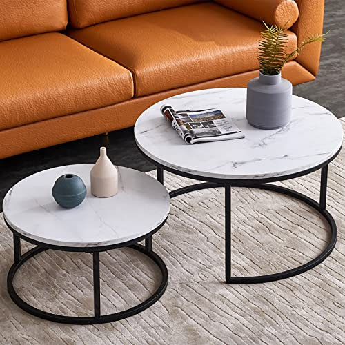 YNITJH Rund Couchtisch 2er Set Marmormuster Metall Rahmen Beistelltisch Moderner Nordischen Teetisch großem minimalistisch Hochwertiger Sofatisch,für Wohnzimmer,Balkon,Büro,Schwarz+weiß