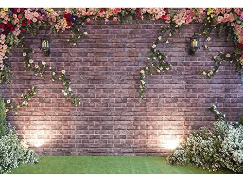 Aoihrraan 3x2,5m Mariage Cérémonie Toile de Fond Printemps Jardin Rose Fleurs Lierre Rouge Brique Mur Photographie Fond Journée Nuptiale Douche Saint-Valentin Parti Couple Amoureux Photo Prop
