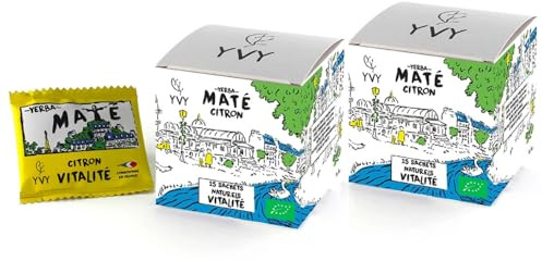 YVY MATÉ Yerba Mate Bio Citron | Lot de 2 boîtes | Format pratique 15 sachets de thé maté naturels | Non Fumé, Sans Tige, Sans Poussière | Écorces de Citron et gingembre BIO