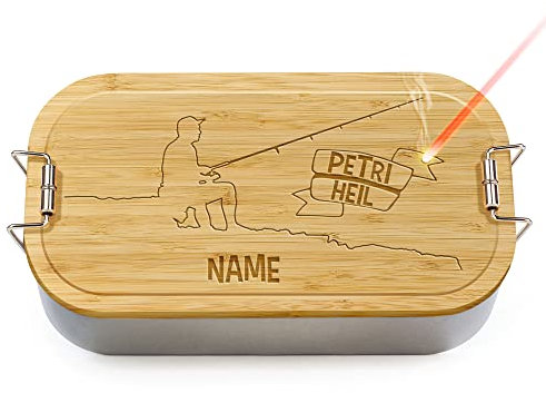 PR Print Royal Brotdose mit Gravur selbst gestalten - Petri Heil - mit Name personalisieren - Geschenke für Angler, Fischer und Fans vom Angelsport - Lunchbox, Holzdeckel, BPA-frei, 600 ml