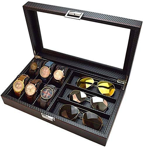 Uhrenbox mit 6 Fächern und 3 Fächern für Gläser Lagerung von Kohlefaser-Kombinationsschmuck und Sonnenbrille Brillenkoffer für Männer/Frauen