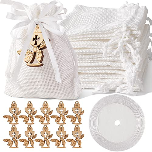 Gudotra Lot de 24 sacs à dragées pour bonbonnières, sacs en jute blancs, 10 x 8 cm, avec 24 pendentifs en croix en bois avec 22 m, rubans blancs, mariage, confirmation de baptême, naissance