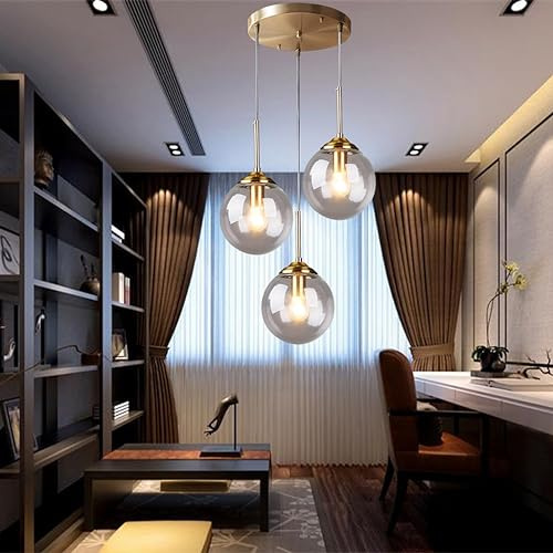 Hängelampe industrielle Vintage Pendellampe Treppen 3-flammige Pendelleuchte helles Metall mit Glaskugel Lampenschirm Retro Decken Hängeleuchten Esszimmer Küche Insel Kronleuchter ( Color : Clear )