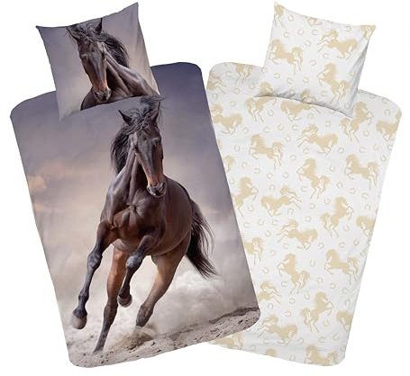 MTOnlinehandel Set di biancheria da letto con cavalli, 135 x 200 cm, motivo cavalli, federa 80 x 80 cm, copripiumino 135 x 200 cm, 100% cotone, per ragazze