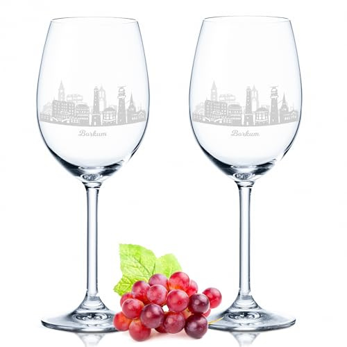 GRAVURZEILE Leonardo Skyline Borkum - Copas de vino con grabado láser de alta calidad de 360°, bonito regalo como recuerdo, recuerdo o para coleccionistas y amantes del vino para cumpleaños