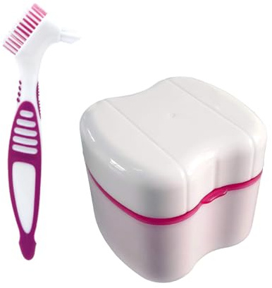 Contenitore da bagno per protesi dentarie con cestello, spazzola per fissaggio dentale e custodia, set per la cura delle protesi dentarie per viaggi e uso quotidiano, rosa