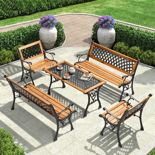 GDie Bank, Balkon GDie Bank mit Rückenlehne und Armlehnen, Gusseisenrahmen und Massivholzsitzen, korrosionsbeständigen Massivholzsitzen (5-teiliges Set, 1 langer Tisch + 2 Bänke + 2 Einzelstühle)