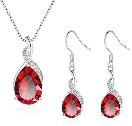 Loutade Silber Schmuckset für Damen, 925 Sterling Silber Wassertropfen Schmuckset mit Rot Zirkonia, Unendlichkeit Twist Halskette mit 45 + 5cm Silberkette & Ohrringe Ohrhänger Set für Geburtstag