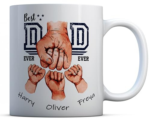 EasyInkPress - Best Dad Ever Personalised Ceramic Coffee Mug with Kids Names, Daddy Fist Bump Present, Custom Father's Day Gift