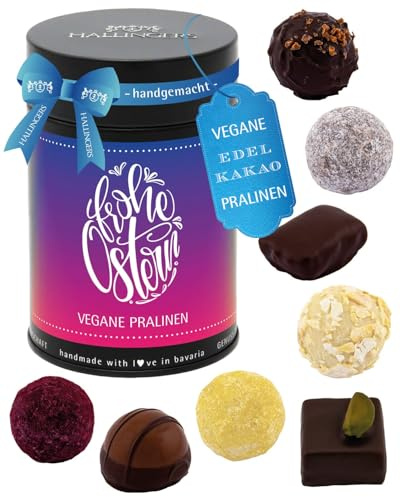Hallingers Genuss Manufaktur Vegane Pralinen Oster-Geschenk - mit & ohne Alkohol, handmade aus Confiserie-Edelkakao in wertiger Geschenkdose Frohe Ostern, Ostern Körbchen für Frauen Männer