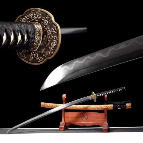 103cm Katana mit Saya aus Naturholz und geschnitzter Tsuba aus reinem Kupfer,gemusterte Stahl Klinge mit handgebranntem Wellenmuster,Handgefertigtes Samurai-Schwert für Cosplay,Dekor,Geschenke,Sammeln