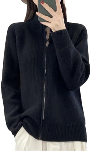 Damen Rollkragenpullover mit festem Reißverschluss, Wolle, Strickjacke, lässig, langärmelig, Schwarz , XL